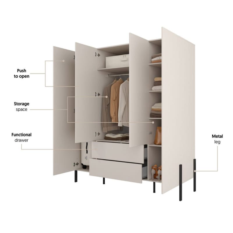 Vaatekaappi Jukon S 4 ovea ja 2 laatikkoa - Säilytys - Vaatesäilytys - Vaatekaappi