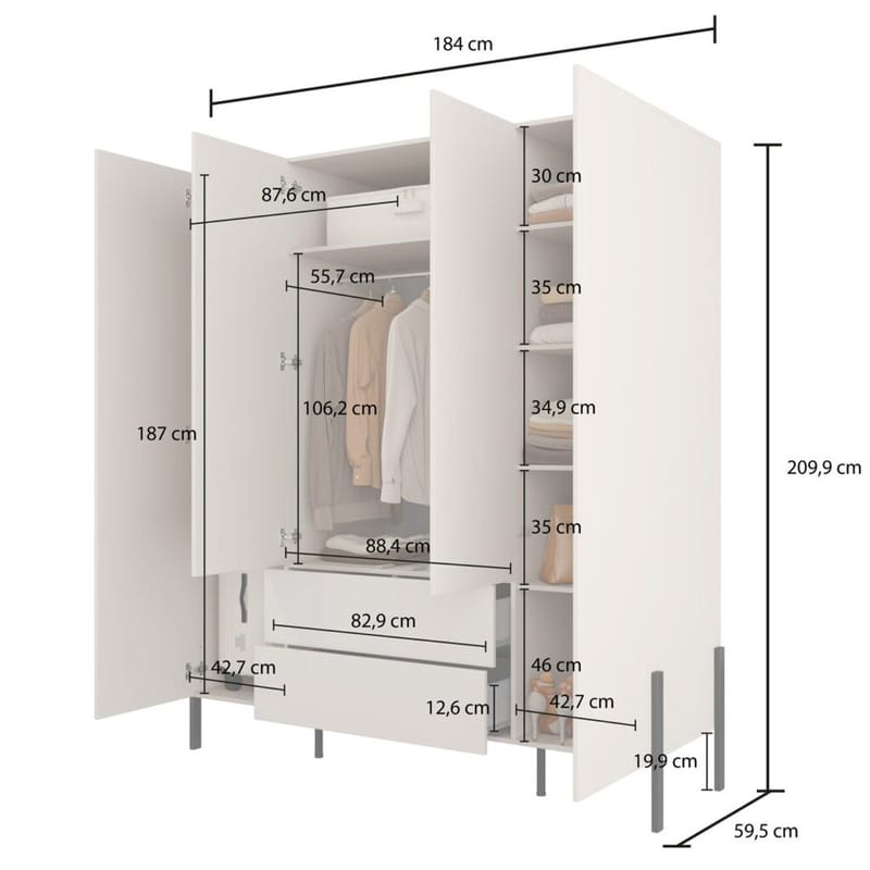 Vaatekaappi Jukon S 4 ovea ja 2 laatikkoa - Säilytys - Vaatesäilytys - Vaatekaappi