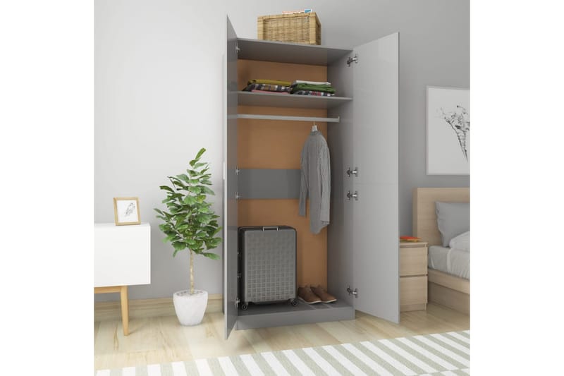 Vaatekaappi korkeakiilto harmaa 90x52x200 cm lastulevy - Harmaa - Säilytys - Vaatesäilytys - Vaatekaappi