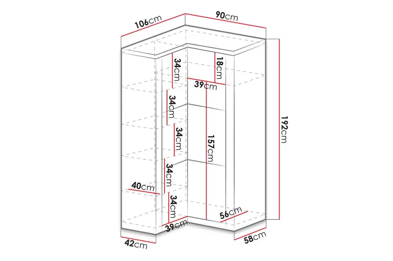 Indianapolis Vaatekaappi 106x58x192 cm - Säilytys - Vaatesäilytys - Vaatekaappi - Kulmavaatekaappi