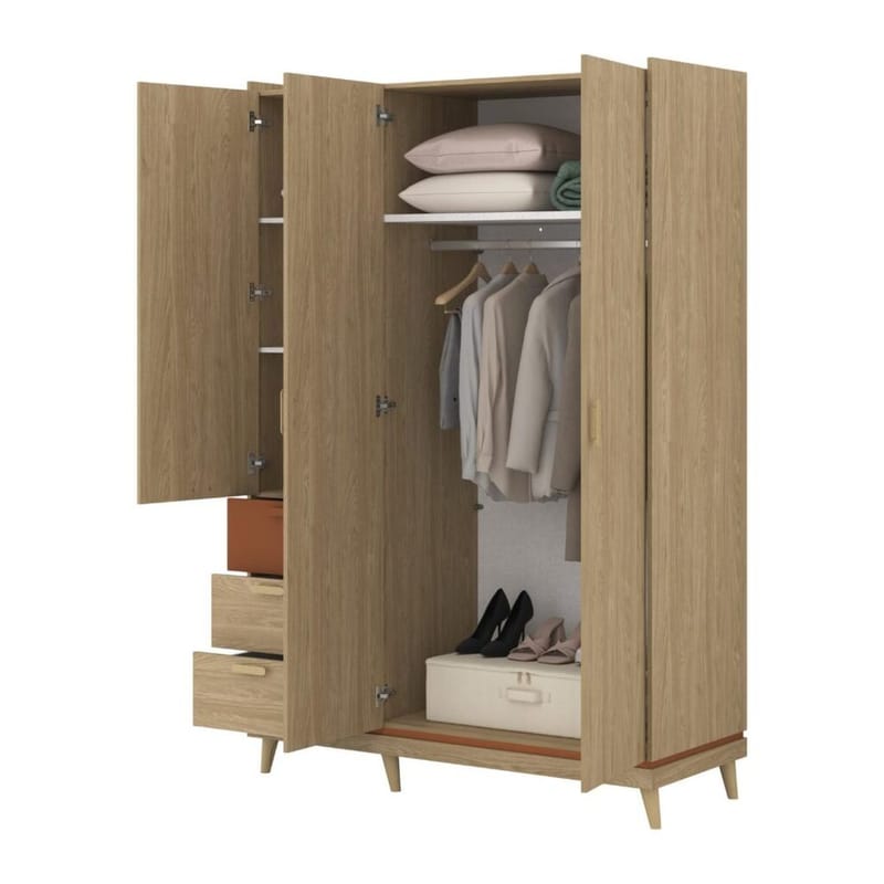 Vaatekaappi Scandi 3 ovea ja 3 laatikkoa - Öljytty Tammik - Säilytys - Vaatesäilytys - Vaatekaappi