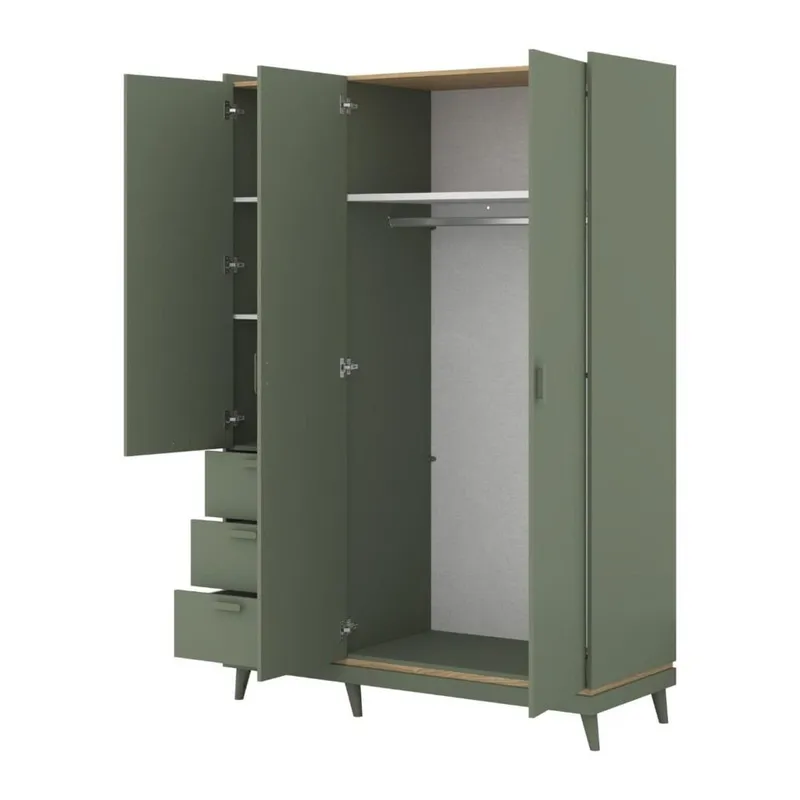Vaatekaappi Scandi 3 ovea ja 3 laatikkoa - Haalistunut vihreä - öljytty tammi - Säilytys - Vaatesäilytys - Vaatekaappi