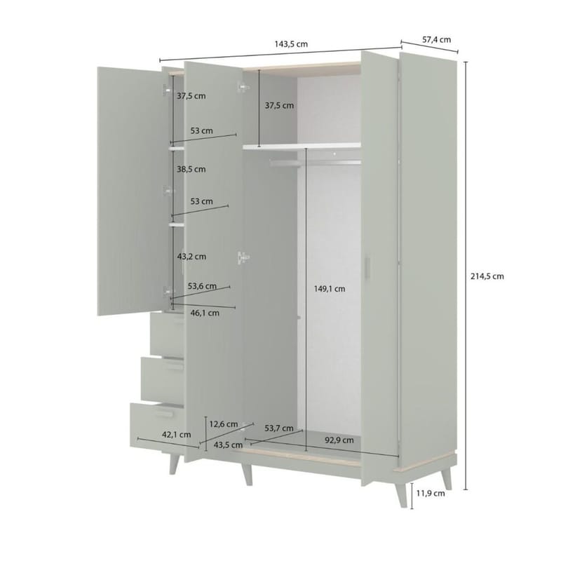 Vaatekaappi Scandi 3 ovea ja 3 laatikkoa - Haalistunut vihreä - öljytty tammi - Säilytys - Vaatesäilytys - Vaatekaappi