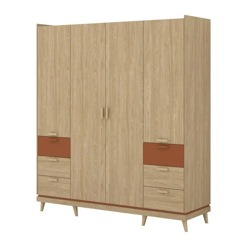 Vaatekaappi Skandi 4 ovea ja 6 laatikkoa, Öljytty tammi