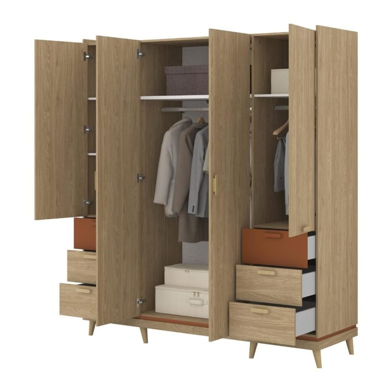 Vaatekaappi Skandi 4 ovea ja 6 laatikkoa - Öljytty tammi - Säilytys - Vaatesäilytys - Vaatekaappi