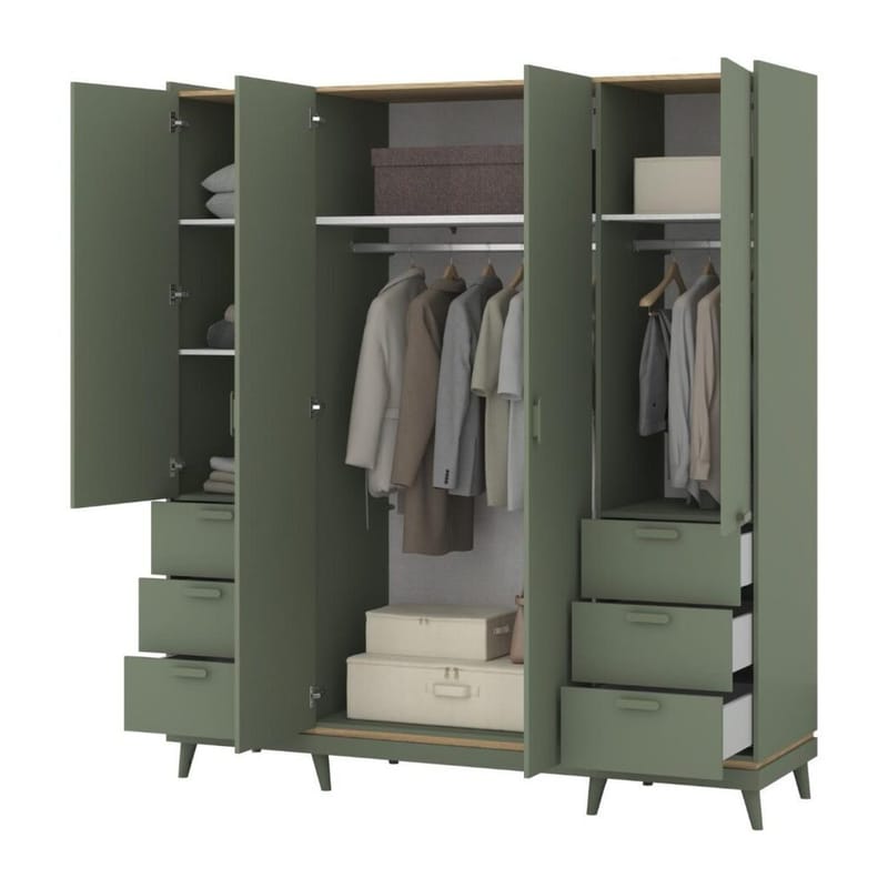 Vaatekaappi Skandi 4 ovea ja 6 laatikkoa - Haalean vihreä - Öljytty tammi - Säilytys - Vaatesäilytys - Vaatekaappi