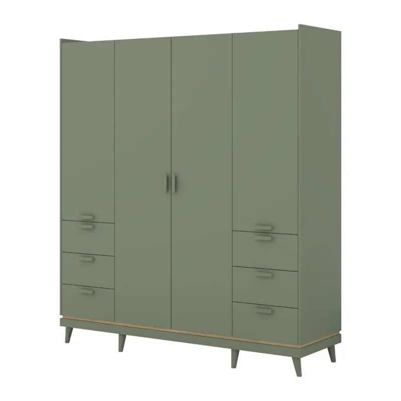 Vaatekaappi Skandi 4 ovea ja 6 laatikkoa, Haalean vihreä - Öljytty tammi