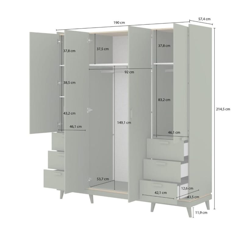 Vaatekaappi Skandi 4 ovea ja 6 laatikkoa - Haalean vihreä - Öljytty tammi - Säilytys - Vaatesäilytys - Vaatekaappi