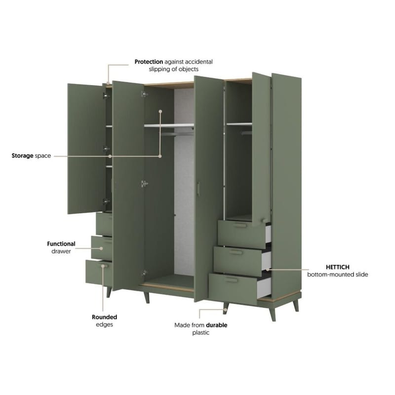 Vaatekaappi Skandi 4 ovea ja 6 laatikkoa - Haalean vihreä - Öljytty tammi - Säilytys - Vaatesäilytys - Vaatekaappi