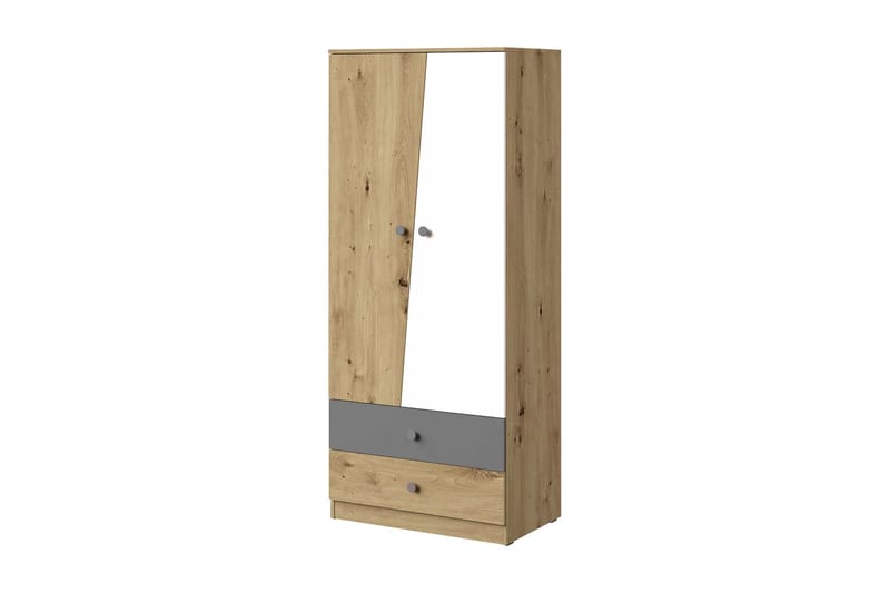Vaatekaappi Staton 80 cm, Luonnonväri/Valkoinen/Harmaa
