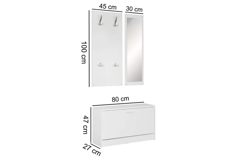 Eteinen Wohnling Seinälle kiinnitettävä naulakko peilillä, kenkähylly, lastulevy, moderni Valkoinen - Valkoinen - Huonekalut - Kalustesetit - Eteisen kalustesetit