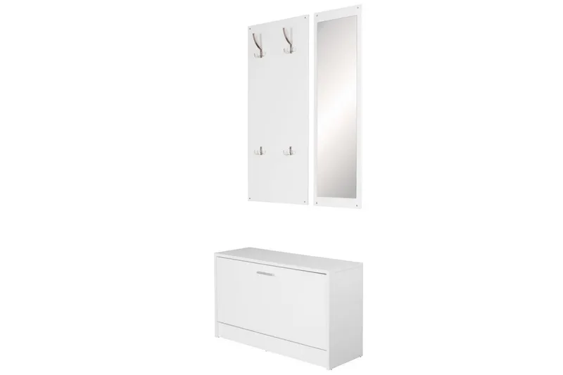 Eteinen Wohnling Seinälle kiinnitettävä naulakko peilillä, kenkähylly, lastulevy, moderni Valkoinen - Valkoinen - Huonekalut - Kalustesetit - Eteisen kalustesetit