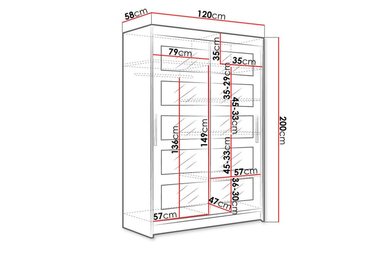 Vaatekaappi Aldo 120 cm liukuovet 5-osainen Peili - Valkoinen - Säilytys - Vaatesäilytys - Vaatekaappi