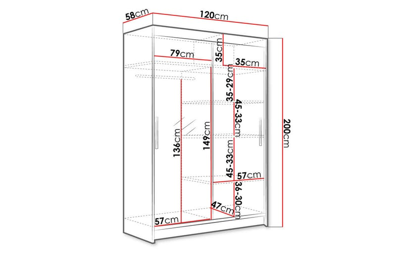Vaatekaappi Aldo 120 cm liukuovet Kaareva Peili - Valkoinen - Säilytys - Vaatesäilytys - Vaatekaappi
