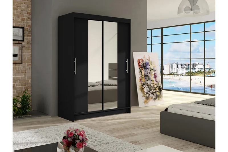 Vaatekaappi Aldo 120 cm Liukuovet Kapea Peili - Musta - Säilytys - Vaatesäilytys - Vaatekaappi