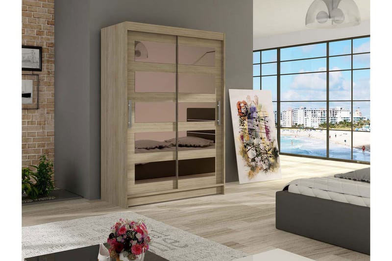 Vaatekaappi Aldo 120 cm liukuovet Osittainen Peili - Tammi - Säilytys - Vaatesäilytys - Vaatekaappi