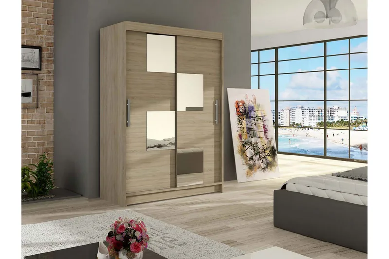 Vaatekaappi Aldo liukuovet Neliskulmainen Peili - Tammi - Säilytys - Vaatesäilytys - Vaatekaappi