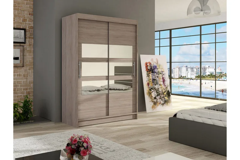 Vaatekaappi Aldo liukuovet Osittainen Peili - Vaalea Tammi - Säilytys - Vaatesäilytys - Vaatekaappi