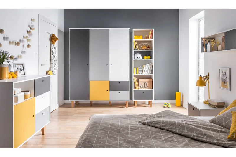 Vaatekaappi Concept Valkoinen/Tummanharmaa/Keltainen - VOX - Säilytys - Vaatesäilytys - Vaatekaappi