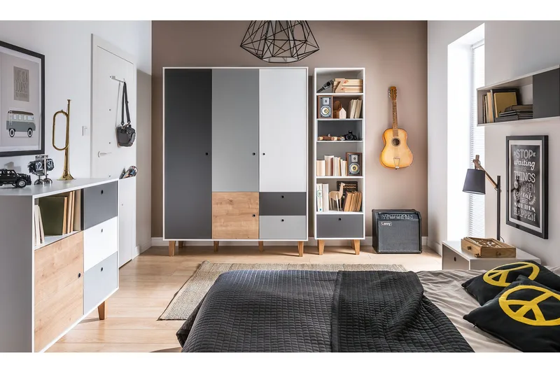 Vaatekaappi Concept Valkoinen/Tummanharmaa/Luonnonväri - VOX - Säilytys - Vaatesäilytys - Vaatekaappi