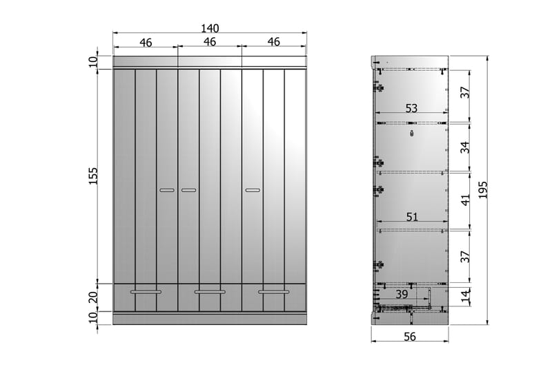 Vaatekaappi Floella 140 cm 3 ovea 3 laatikkoa - Valkoinen Mänty - Säilytys - Vaatesäilytys - Vaatekaappi