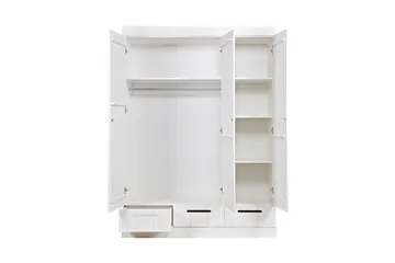 Vaatekaappi Floella 140 cm 3 ovea 3 laatikkoa - Valkoinen Mänty - Säilytys - Vaatesäilytys - Vaatekaappi