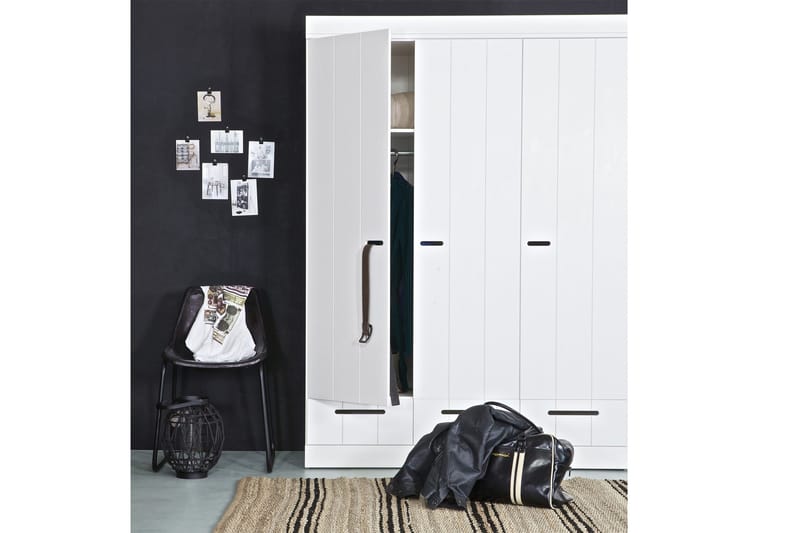 Vaatekaappi Floella 140 cm 3 ovea 3 laatikkoa - Valkoinen Mänty - Säilytys - Vaatesäilytys - Vaatekaappi