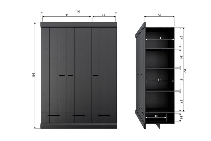Vaatekaappi Floella 140x53 cm 3 ovea - Mänty/Musta - Säilytys - Vaatesäilytys - Vaatekaappi