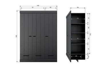 Vaatekaappi Floella 140x53 cm 3 ovea - Mänty/Musta - Säilytys - Vaatesäilytys - Vaatekaappi