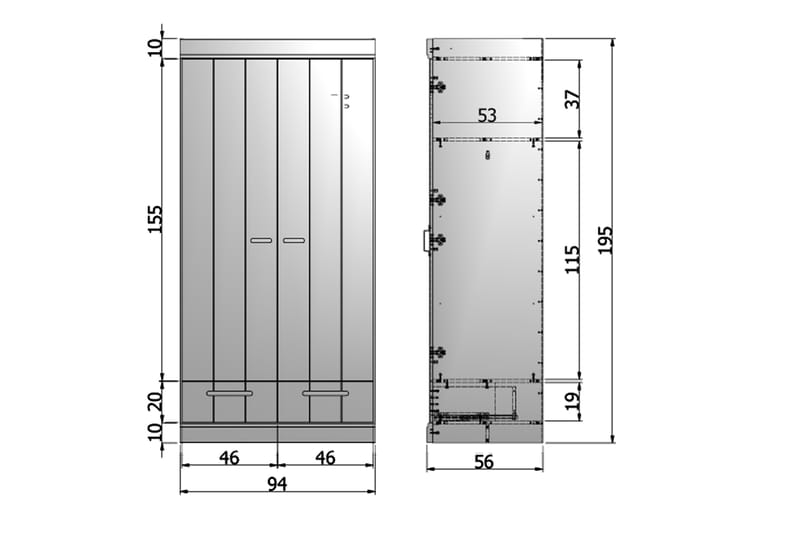 Vaatekaappi Floella 94 cm 2 ovea 2 laatikkoa - Harmaa Mänty - Säilytys - Vaatesäilytys - Vaatekaappi