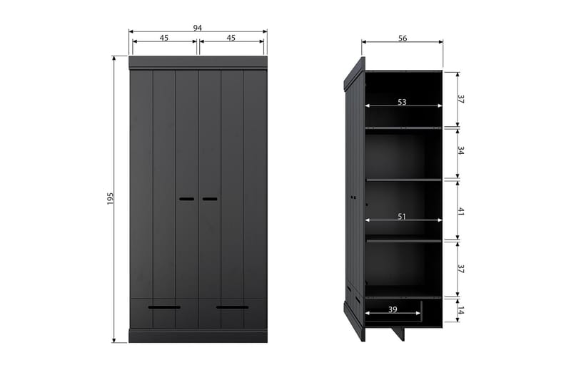 Vaatekaappi Floella 94x53 cm 2 ovea - Mänty/Musta - Säilytys - Vaatesäilytys - Vaatekaappi