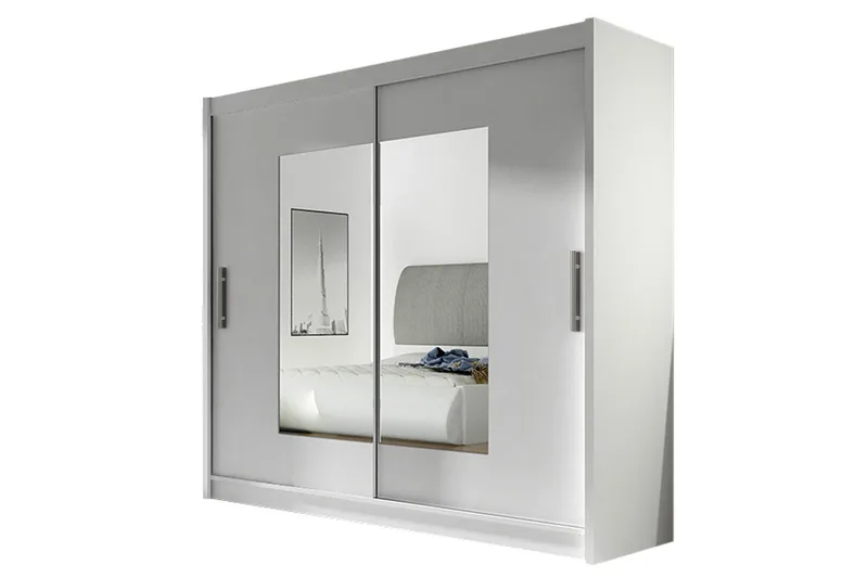 Vaatekaappi London 180 cm liukuovet Kapea Kulmikas Peili, Valkoinen