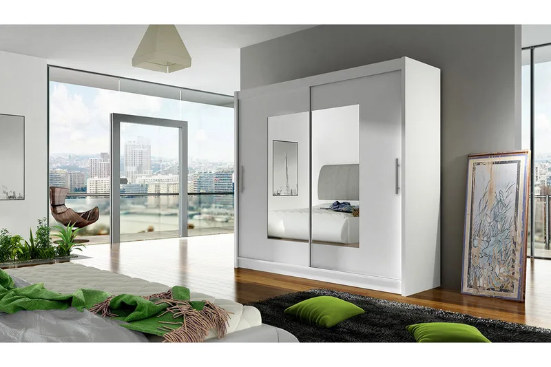 Vaatekaappi London 180 cm liukuovet Kapea Kulmikas Peili - Valkoinen - Säilytys - Vaatesäilytys - Vaatekaappi