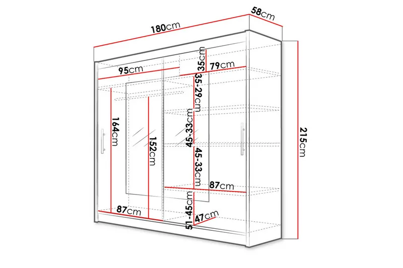 Vaatekaappi London 180 cm liukuovet Kapea Kulmikas Peili - Valkoinen - Säilytys - Vaatesäilytys - Vaatekaappi