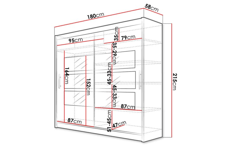Vaatekaappi London 180 cm liukuovet Osittainen Peili - Beige/Puu/Luonnonväri - Säilytys - Vaatesäilytys - Vaatekaappi