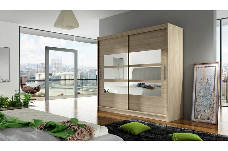 Vaatekaappi London 180 cm liukuovet Osittainen Peili - Beige/Puu/Luonnonväri - Säilytys - Vaatesäilytys - Vaatekaappi