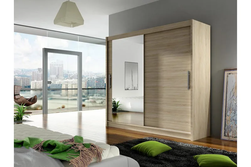 Vaatekaappi London 180 cm liukuovet Peili - Beige/Puu/Luonnonväri - Säilytys - Vaatesäilytys - Vaatekaappi