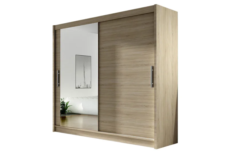 Vaatekaappi London 180 cm liukuovet Peili, Beige/Puu/Luonnonväri