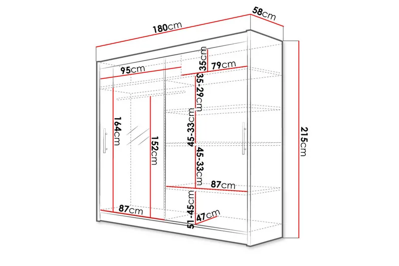Vaatekaappi London 180 cm liukuovet Peili - Beige/Puu/Luonnonväri - Säilytys - Vaatesäilytys - Vaatekaappi