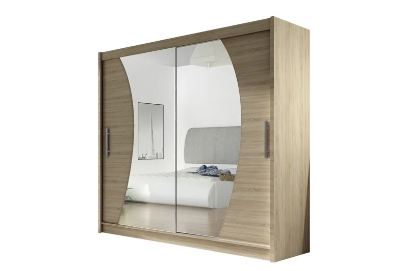 Vaatekaappi London liukuovet Kaareva Peili, Beige/Puu/Luonnonväri