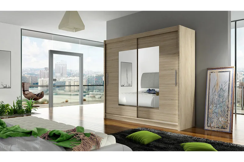 Vaatekaappi London liukuovet Kapea Neliskulmainen Peili - Beige/Puu/Luonnonväri - Säilytys - Vaatesäilytys - Vaatekaappi