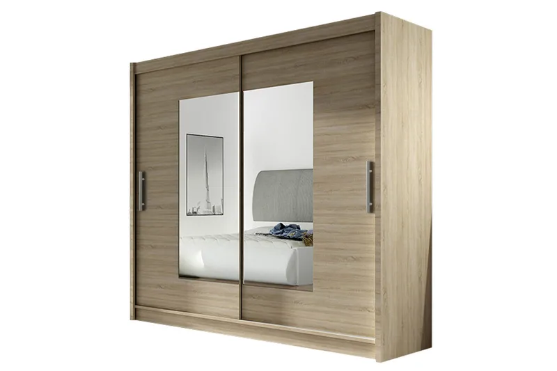 Vaatekaappi London liukuovet Kapea Neliskulmainen Peili, Beige/Puu/Luonnonväri