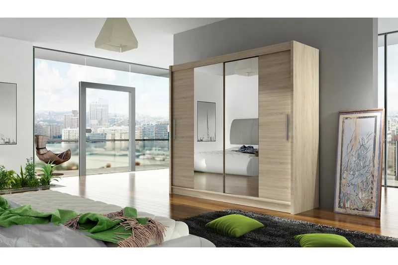 Vaatekaappi London liukuovet Kapea Peili - Tammi - Säilytys - Vaatesäilytys - Vaatekaappi