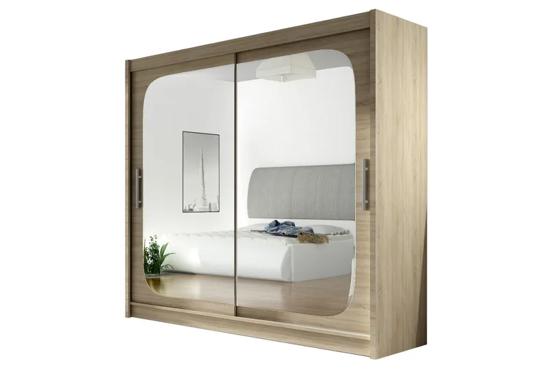 Vaatekaappi London liukuovet Neliskulmainen Peili, Tammi