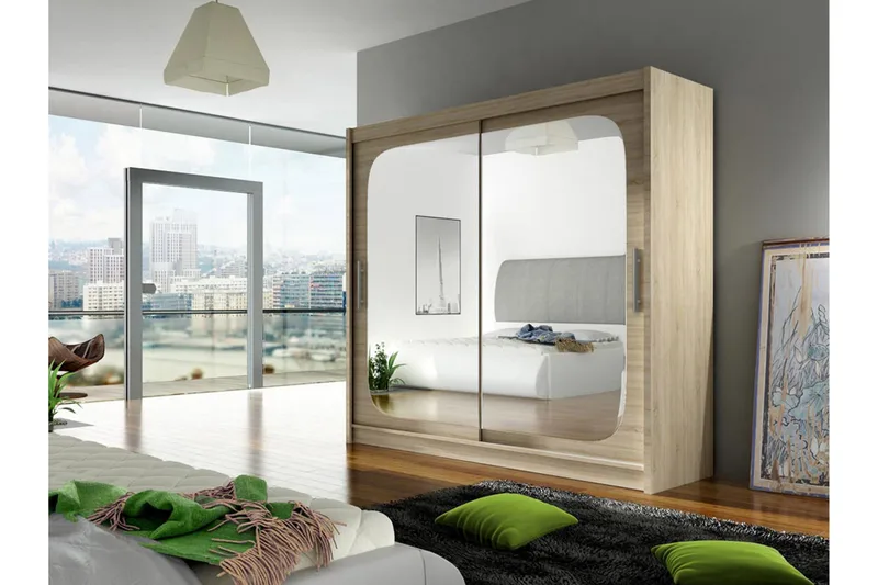 Vaatekaappi London liukuovet Neliskulmainen Peili - Tammi - Säilytys - Vaatesäilytys - Vaatekaappi