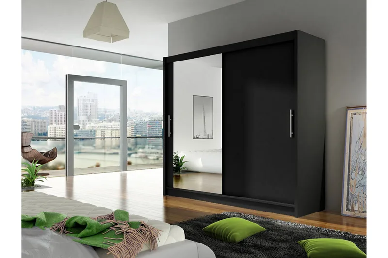 Vaatekaappi London liukuovet Peili - Musta - Säilytys - Vaatesäilytys - Vaatekaappi