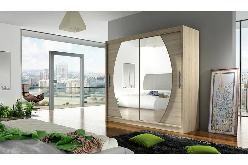 Vaatekaappi London liukuovet Pyöreä Peili - Beige/Puu/Luonnonväri - Säilytys - Vaatesäilytys - Vaatekaappi