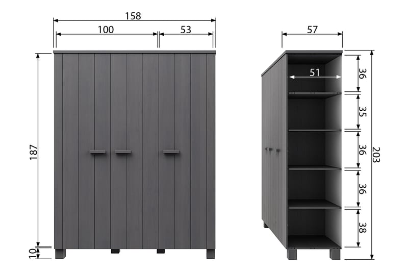 Vaatekaappi Mitchell 158 cm - Teräksenharmaa mänty - Vaatekaappi