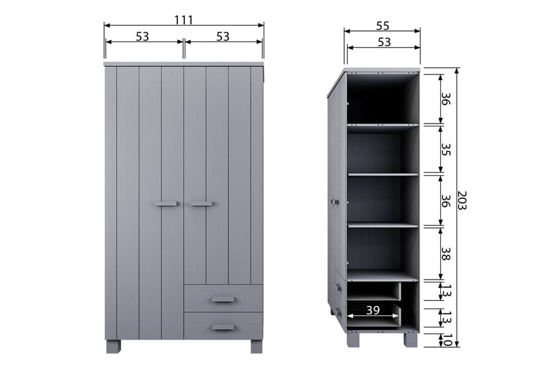 Vaatekaappi Mitchell 2 laatikolla 111 cm - Harmaa mänty - Säilytys - Vaatesäilytys - Vaatekaappi