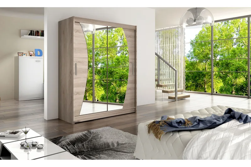 Vaatekaappi Presto 150 cm liukuovet Kaareva Peili - Tammi - Säilytys - Vaatesäilytys - Vaatekaappi